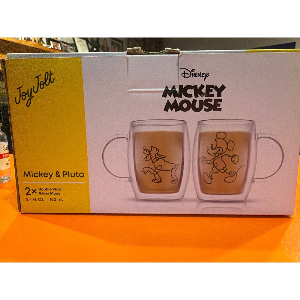JoyJolt Disney Mickey Mouse Pluto Double Wall Glass Mugs 5.4oz Set of 2 New
